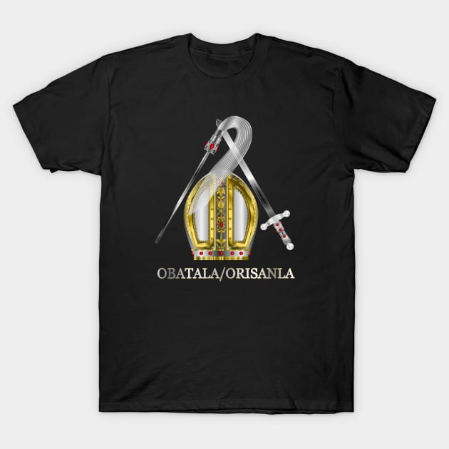 Orisha Obatala Papal Hat Silver Sword and Whisk T-Shirt by geodesyn